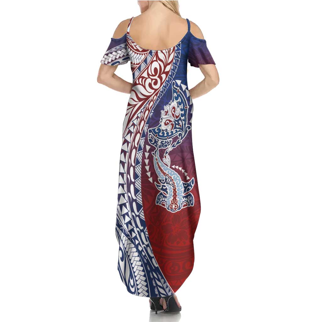 Hawaiian Manta Ray and Hammerhead Shark Tribal Tattoo Summer Maxi Dress with Polynesian Tribal Pattern Hawaii Flag Color LT03 - Polynesian Pride