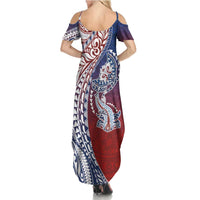 Hawaiian Manta Ray and Hammerhead Shark Tribal Tattoo Summer Maxi Dress with Polynesian Tribal Pattern Hawaii Flag Color LT03 - Polynesian Pride
