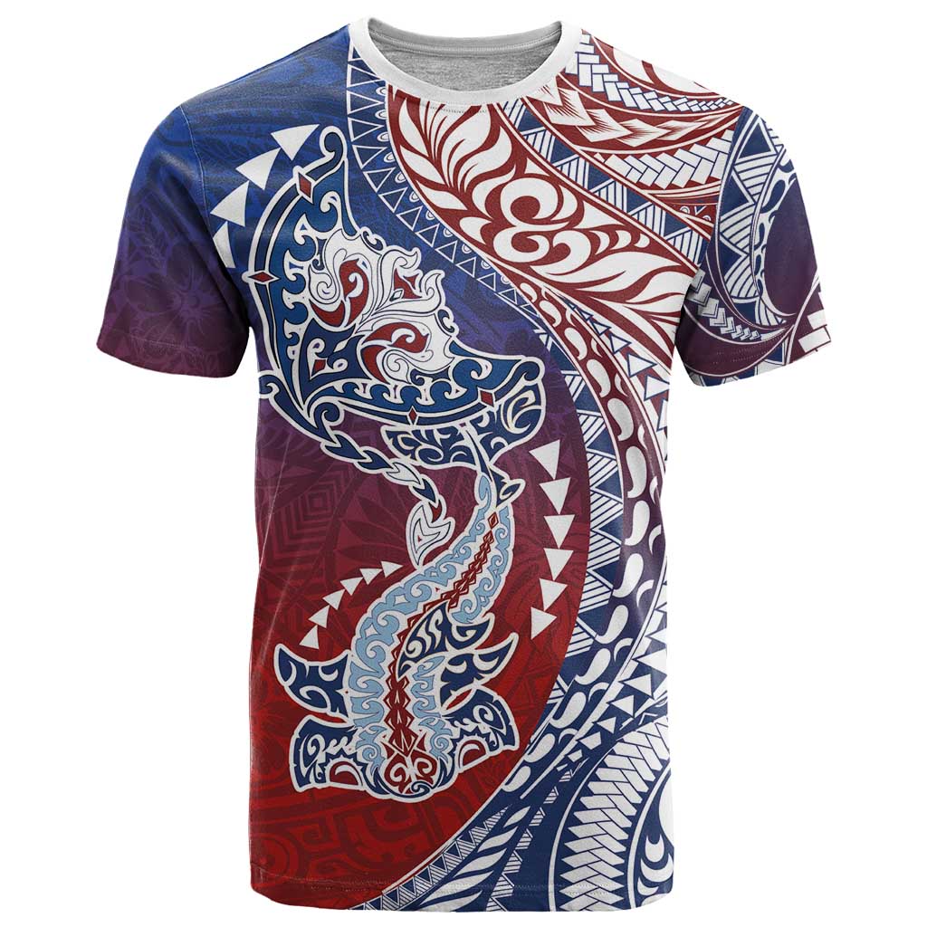 Hawaiian Manta Ray and Hammerhead Shark Tribal Tattoo T Shirt with Polynesian Tribal Pattern Hawaii Flag Color LT03 Multicolor - Polynesian Pride
