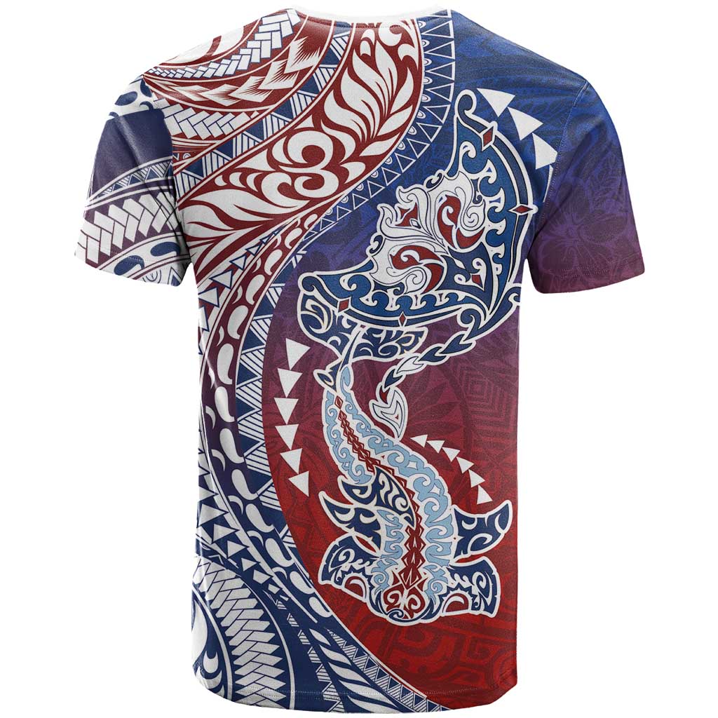 Hawaiian Manta Ray and Hammerhead Shark Tribal Tattoo T Shirt with Polynesian Tribal Pattern Hawaii Flag Color LT03 - Polynesian Pride