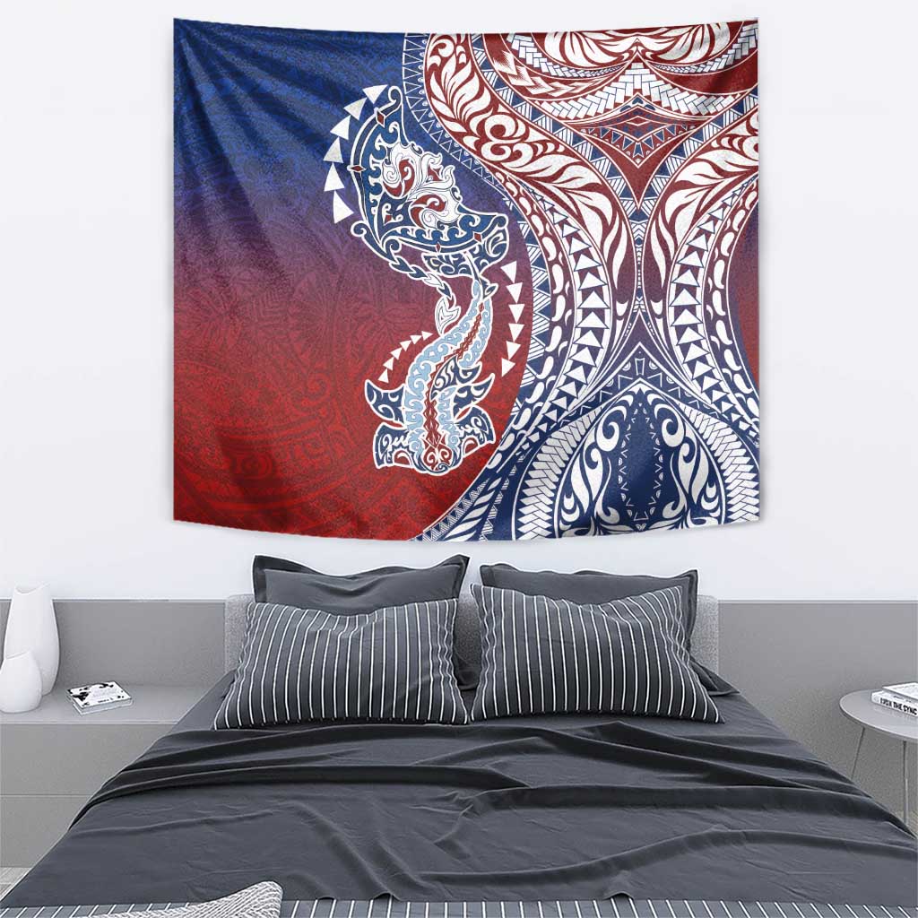 Hawaiian Manta Ray and Hammerhead Shark Tribal Tattoo Tapestry with Polynesian Tribal Pattern Hawaii Flag Color LT03 - Polynesian Pride