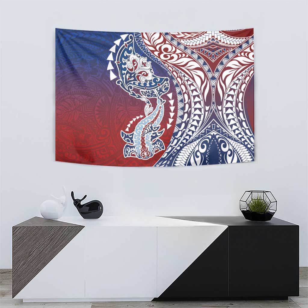 Hawaiian Manta Ray and Hammerhead Shark Tribal Tattoo Tapestry with Polynesian Tribal Pattern Hawaii Flag Color LT03 - Polynesian Pride