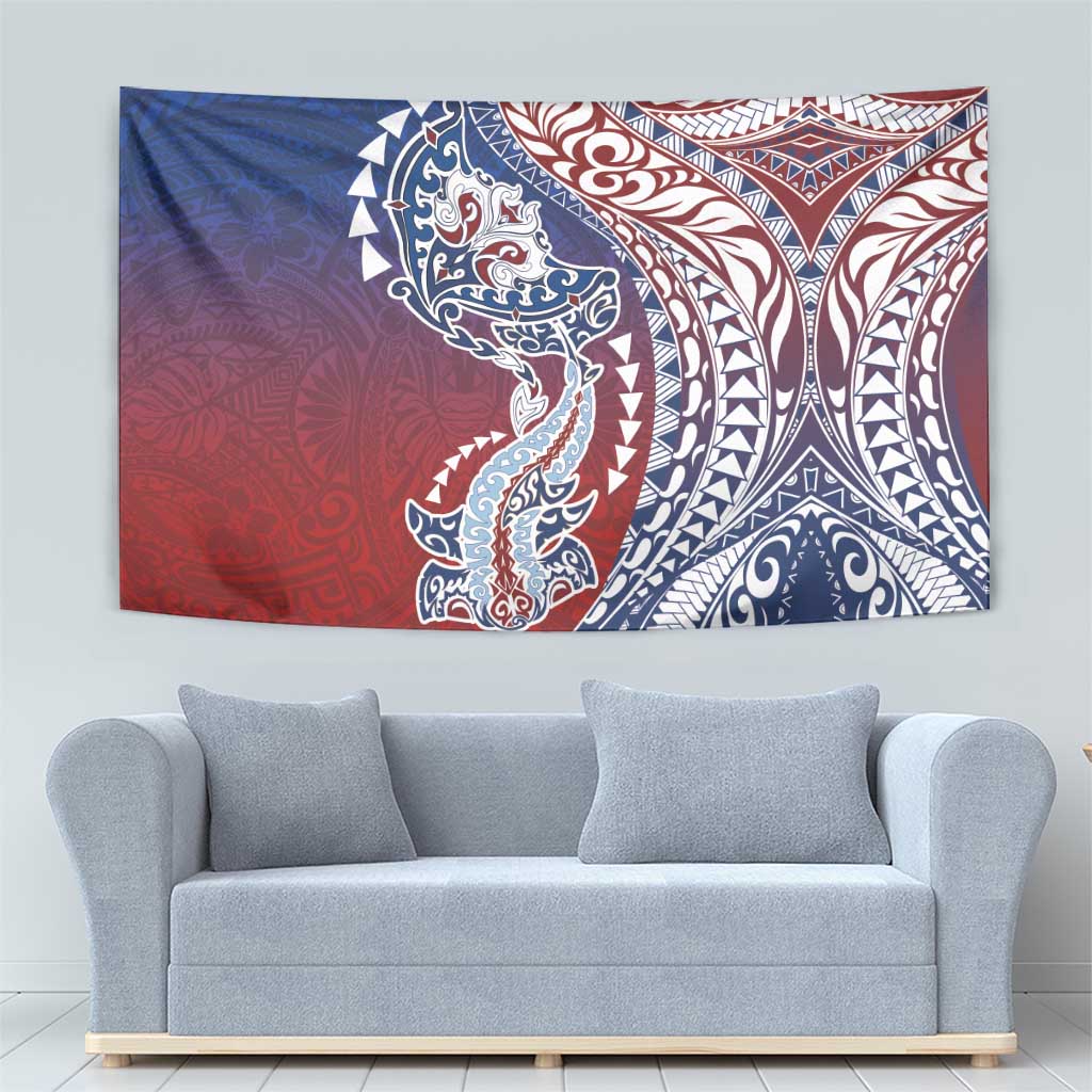 Hawaiian Manta Ray and Hammerhead Shark Tribal Tattoo Tapestry with Polynesian Tribal Pattern Hawaii Flag Color LT03 - Polynesian Pride