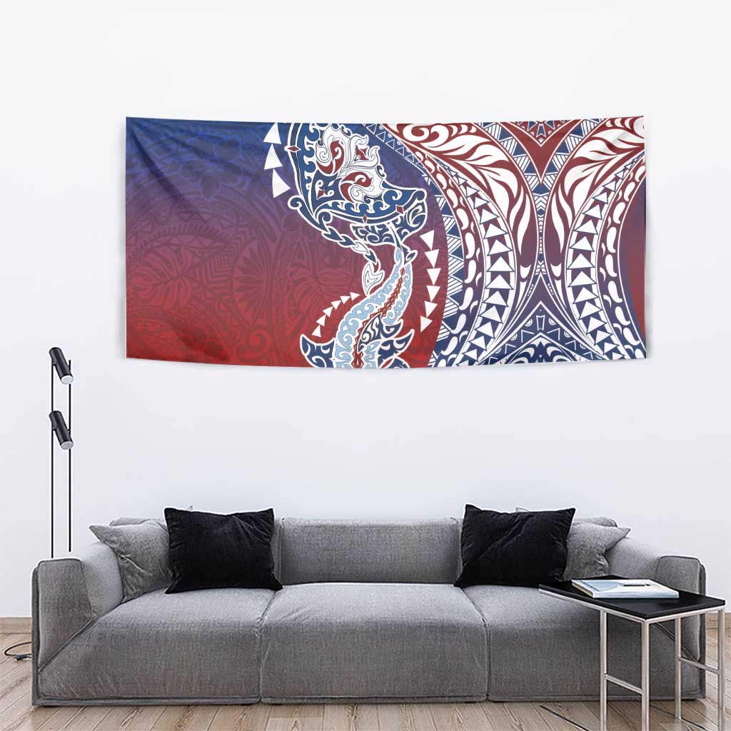 Hawaiian Manta Ray and Hammerhead Shark Tribal Tattoo Tapestry with Polynesian Tribal Pattern Hawaii Flag Color LT03 - Polynesian Pride