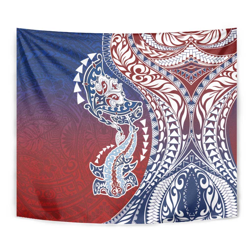 Hawaiian Manta Ray and Hammerhead Shark Tribal Tattoo Tapestry with Polynesian Tribal Pattern Hawaii Flag Color LT03 - Polynesian Pride