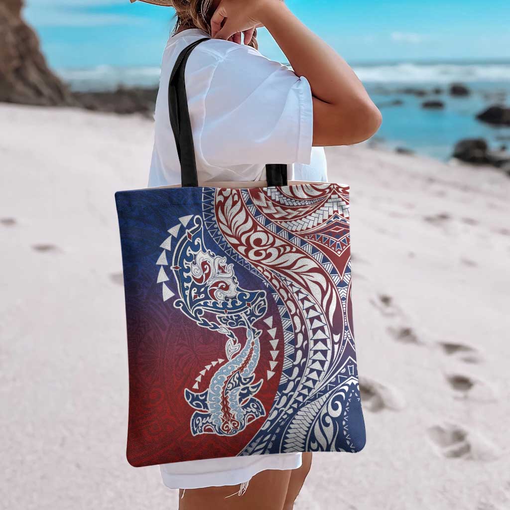 Hawaiian Manta Ray and Hammerhead Shark Tribal Tattoo Tote Bag with Polynesian Tribal Pattern Hawaii Flag Color LT03 - Polynesian Pride