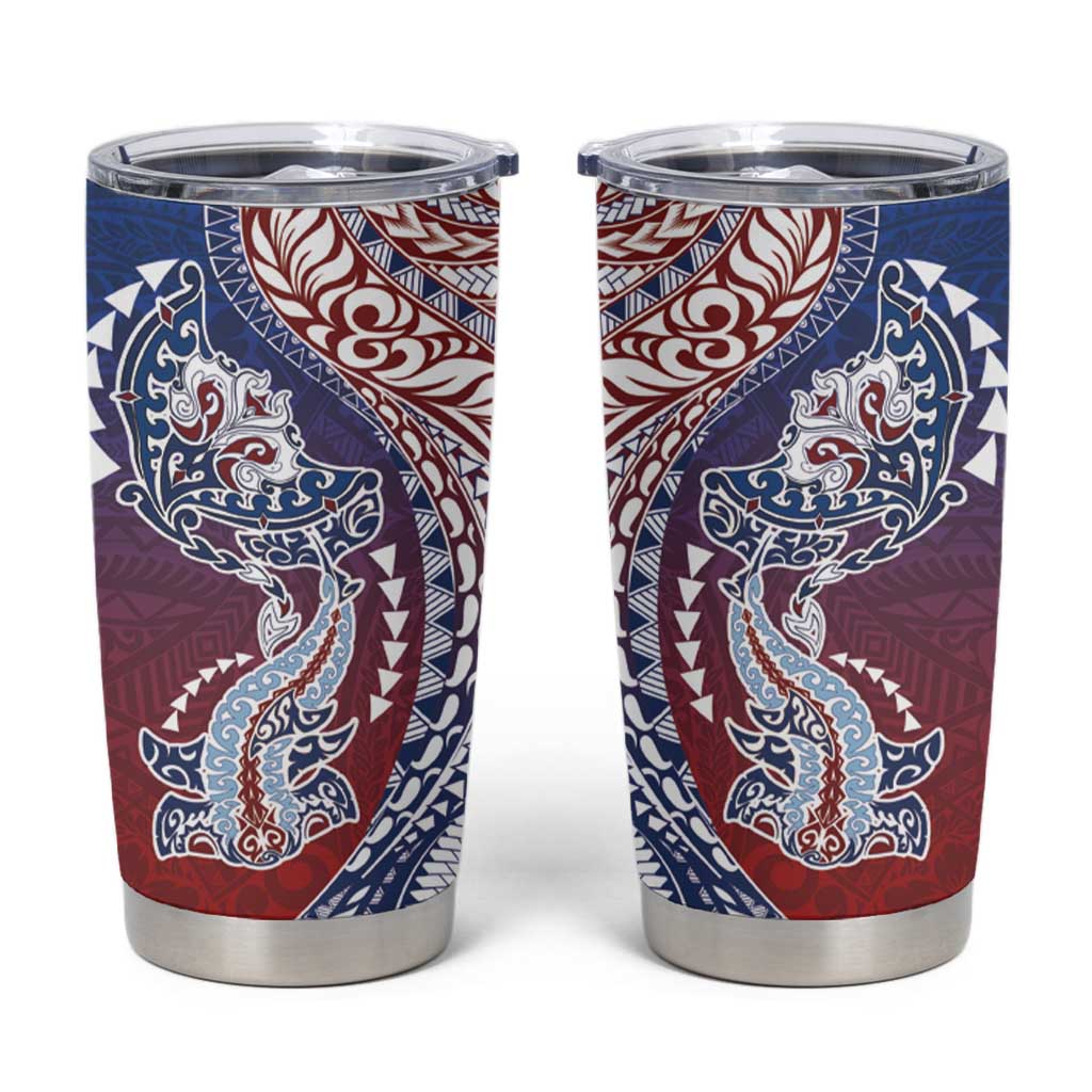Hawaiian Manta Ray and Hammerhead Shark Tribal Tattoo Tumbler Cup with Polynesian Tribal Pattern Hawaii Flag Color LT03 Multicolor - Polynesian Pride
