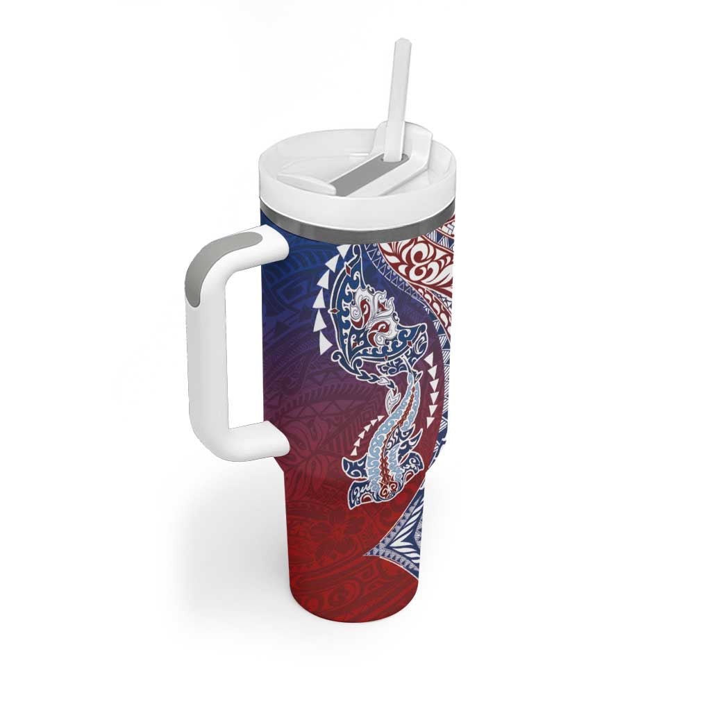 Hawaiian Manta Ray and Hammerhead Shark Tribal Tattoo Tumbler With Handle with Polynesian Tribal Pattern Hawaii Flag Color LT03 - Polynesian Pride