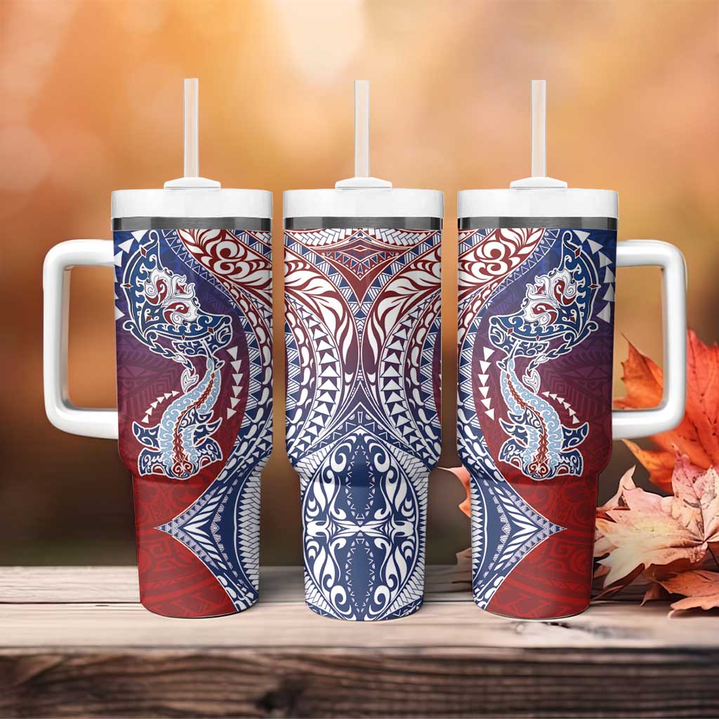 Hawaiian Manta Ray and Hammerhead Shark Tribal Tattoo Tumbler With Handle with Polynesian Tribal Pattern Hawaii Flag Color LT03 - Polynesian Pride