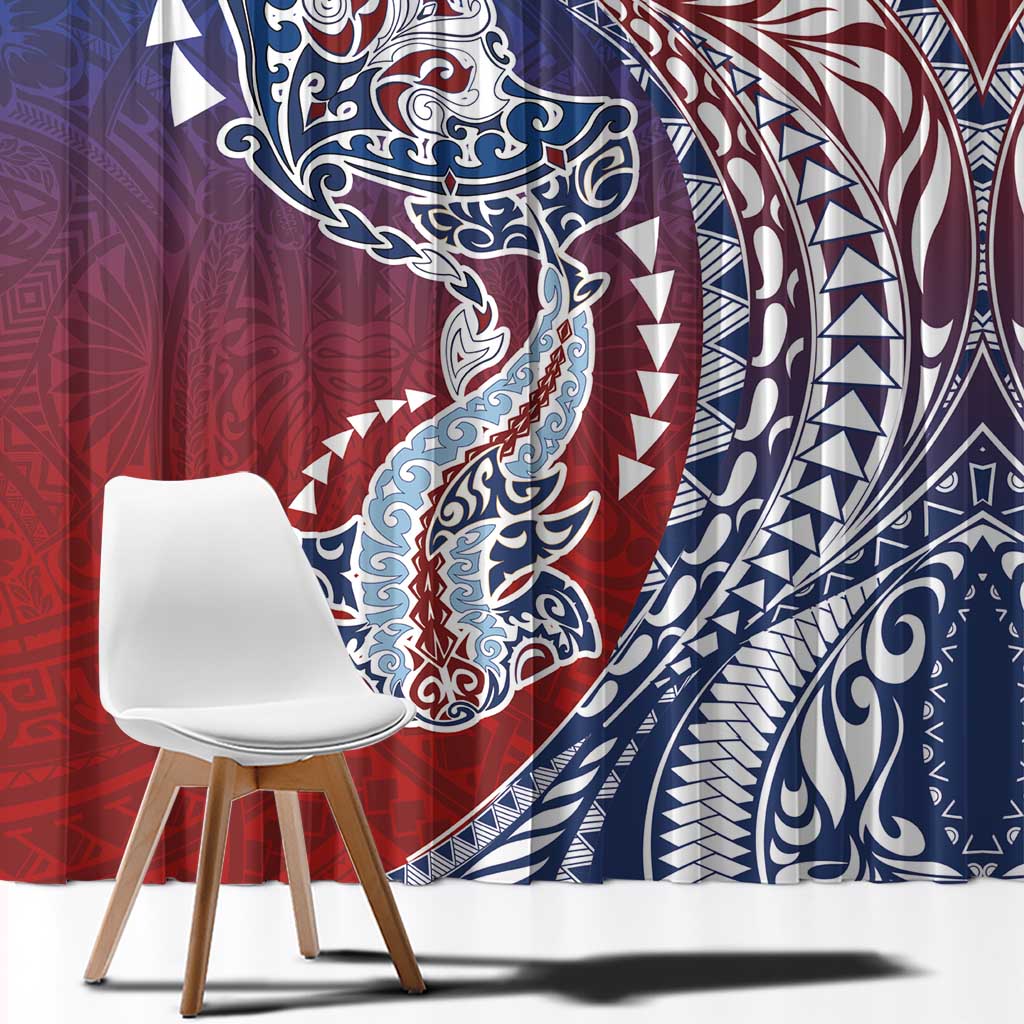 Hawaiian Manta Ray and Hammerhead Shark Tribal Tattoo Window Curtain with Polynesian Tribal Pattern Hawaii Flag Color LT03 - Polynesian Pride