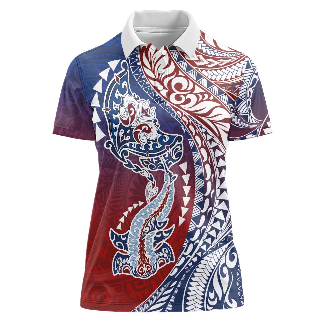 Hawaiian Manta Ray and Hammerhead Shark Tribal Tattoo Women Polo Shirt with Polynesian Tribal Pattern Hawaii Flag Color LT03 Female Multicolor - Polynesian Pride