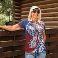 Hawaiian Manta Ray and Hammerhead Shark Tribal Tattoo Women Polo Shirt with Polynesian Tribal Pattern Hawaii Flag Color LT03 - Polynesian Pride