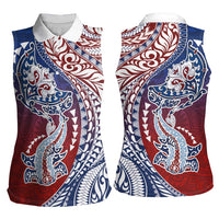 Hawaiian Manta Ray and Hammerhead Shark Tribal Tattoo Women Sleeveless Polo Shirt with Polynesian Tribal Pattern Hawaii Flag Color LT03 - Polynesian Pride