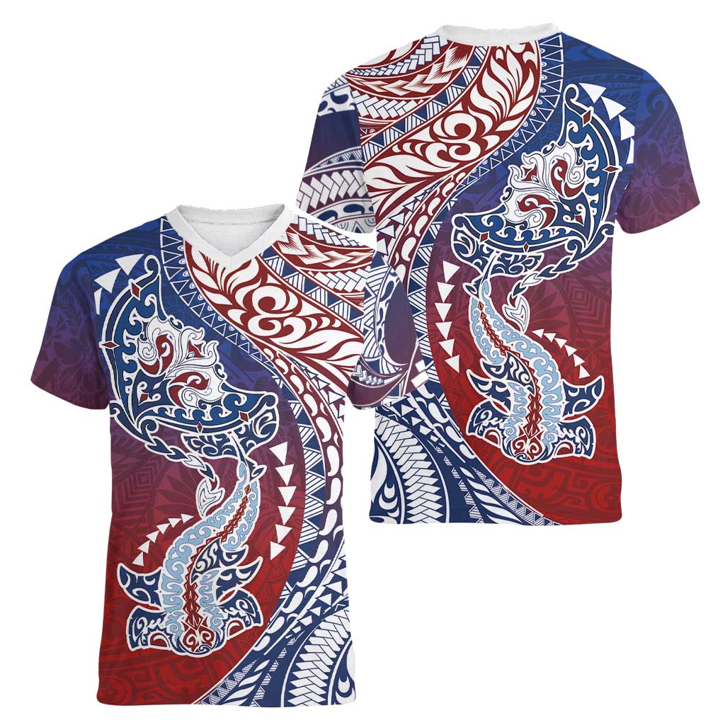 Hawaiian Manta Ray and Hammerhead Shark Tribal Tattoo Women V-Neck T-Shirt with Polynesian Tribal Pattern Hawaii Flag Color LT03 - Polynesian Pride