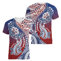 Hawaiian Manta Ray and Hammerhead Shark Tribal Tattoo Women V-Neck T-Shirt with Polynesian Tribal Pattern Hawaii Flag Color LT03 - Polynesian Pride