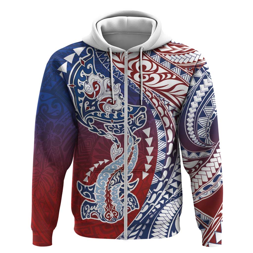 Hawaiian Manta Ray and Hammerhead Shark Tribal Tattoo Zip Hoodie with Polynesian Tribal Pattern Hawaii Flag Color LT03 Zip Hoodie Multicolor - Polynesian Pride