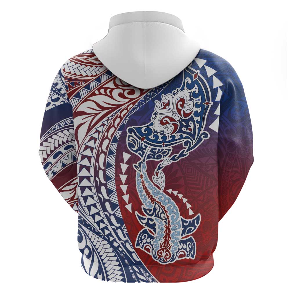 Hawaiian Manta Ray and Hammerhead Shark Tribal Tattoo Zip Hoodie with Polynesian Tribal Pattern Hawaii Flag Color LT03 - Polynesian Pride