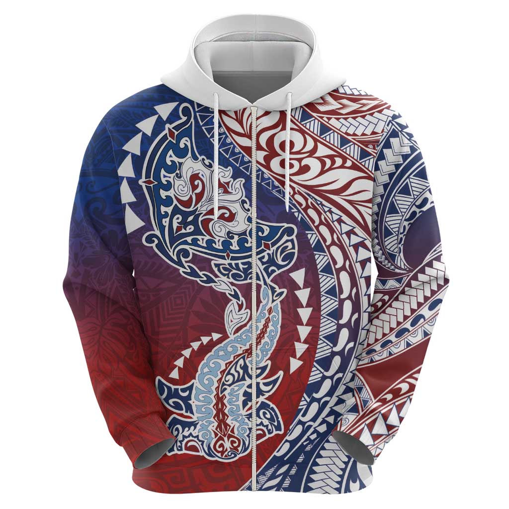 Hawaiian Manta Ray and Hammerhead Shark Tribal Tattoo Zip Hoodie with Polynesian Tribal Pattern Hawaii Flag Color LT03 - Polynesian Pride