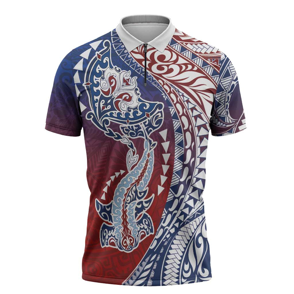 Hawaiian Manta Ray and Hammerhead Shark Tribal Tattoo Zipper Polo Shirt with Polynesian Tribal Pattern Hawaii Flag Color LT03 Multicolor - Polynesian Pride