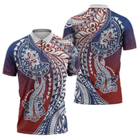 Hawaiian Manta Ray and Hammerhead Shark Tribal Tattoo Zipper Polo Shirt with Polynesian Tribal Pattern Hawaii Flag Color LT03 - Polynesian Pride
