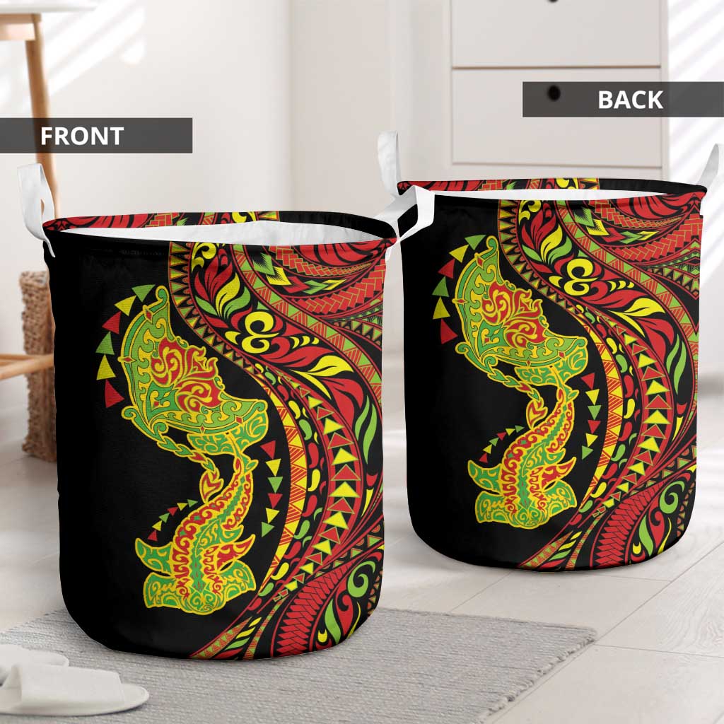 Hawaiian Manta Ray and Hammerhead Shark Tribal Tattoo Laundry Basket with Polynesian Tribal Pattern Kanaka Maoli Flag Color LT03 - Polynesian Pride