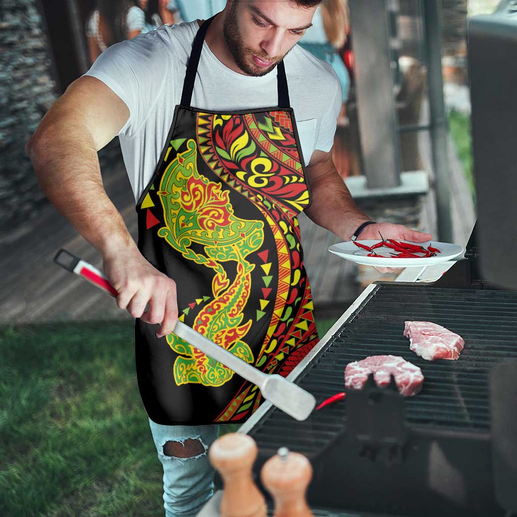 Hawaiian Manta Ray and Hammerhead Shark Tribal Tattoo Apron with Polynesian Tribal Pattern Kanaka Maoli Flag Color LT03 - Polynesian Pride