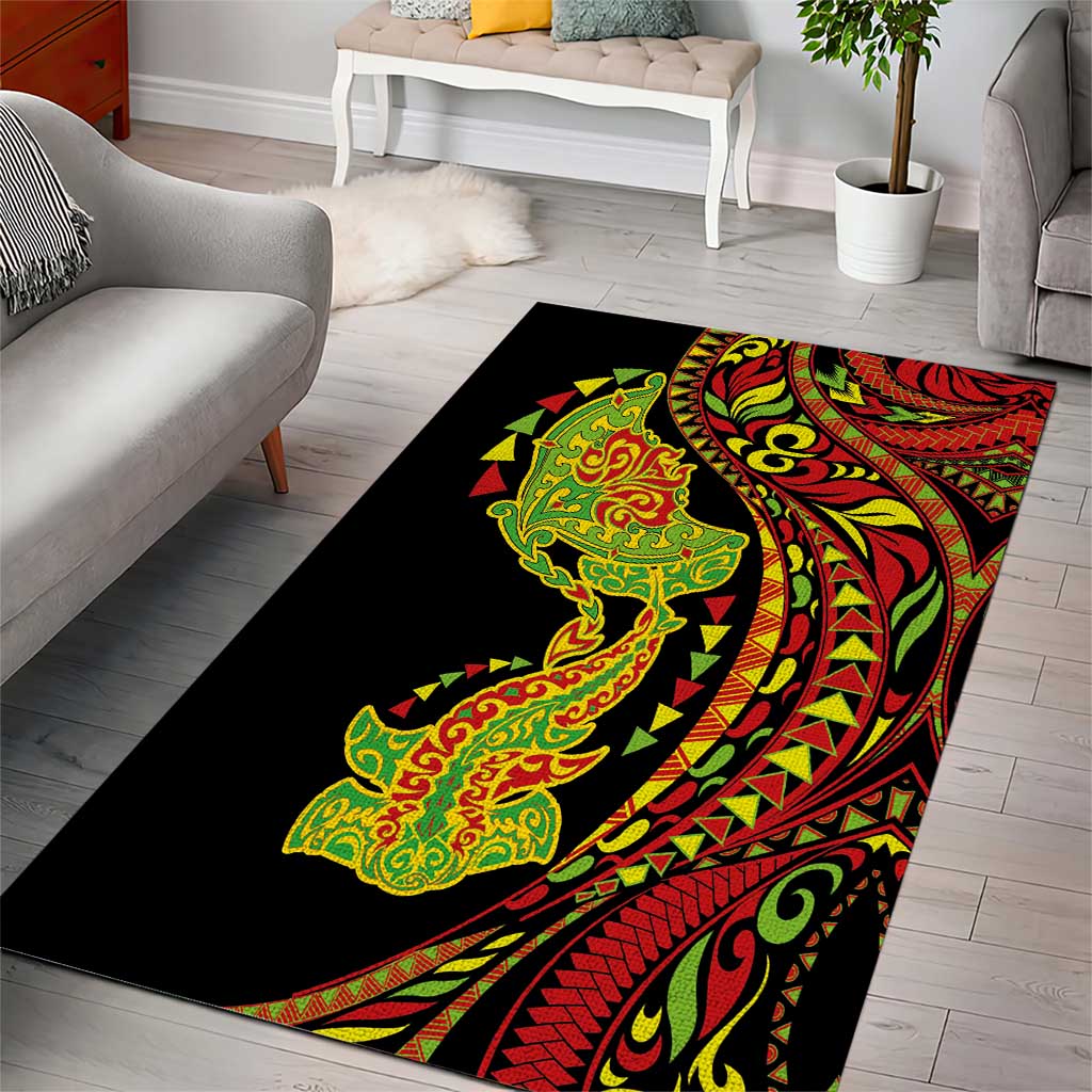 Hawaiian Manta Ray and Hammerhead Shark Tribal Tattoo Area Rug with Polynesian Tribal Pattern Kanaka Maoli Flag Color LT03 - Polynesian Pride