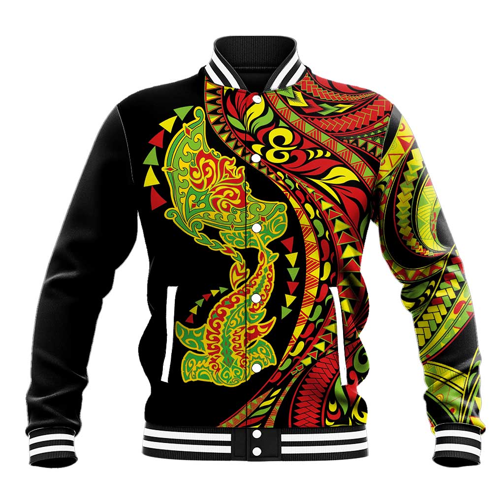 Hawaiian Manta Ray and Hammerhead Shark Tribal Tattoo Baseball Jacket with Polynesian Tribal Pattern Kanaka Maoli Flag Color