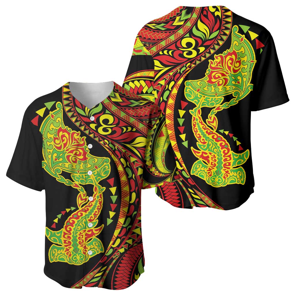 Hawaiian Manta Ray and Hammerhead Shark Tribal Tattoo Baseball Jersey with Polynesian Tribal Pattern Kanaka Maoli Flag Color LT03 - Polynesian Pride