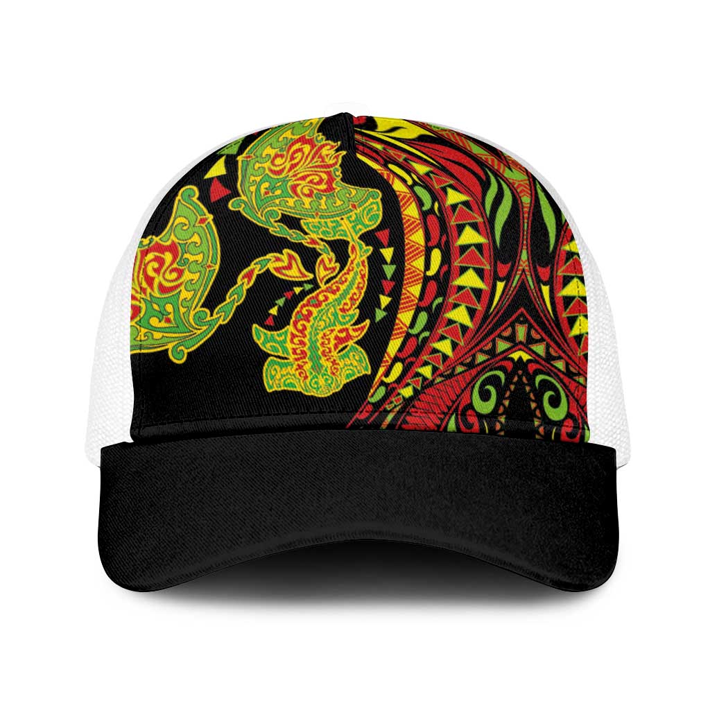 Hawaiian Manta Ray and Hammerhead Shark Tribal Tattoo Baseball Net Cap with Polynesian Tribal Pattern Kanaka Maoli Flag Color LT03 One Size White Multicolor - Polynesian Pride