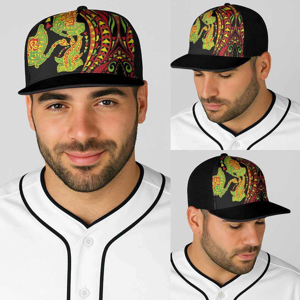 Hawaiian Manta Ray and Hammerhead Shark Tribal Tattoo Baseball Net Cap with Polynesian Tribal Pattern Kanaka Maoli Flag Color LT03 - Polynesian Pride
