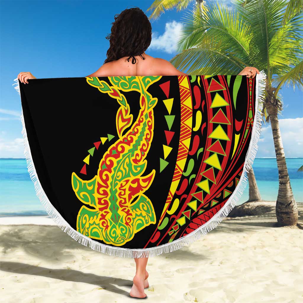Hawaiian Manta Ray and Hammerhead Shark Tribal Tattoo Beach Blanket with Polynesian Tribal Pattern Kanaka Maoli Flag Color LT03 - Polynesian Pride