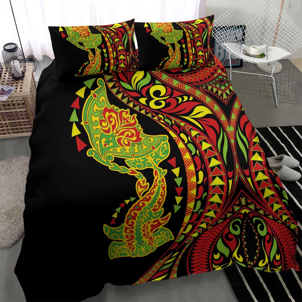 Hawaiian Manta Ray and Hammerhead Shark Tribal Tattoo Bedding Set with Polynesian Tribal Pattern Kanaka Maoli Flag Color LT03 - Polynesian Pride