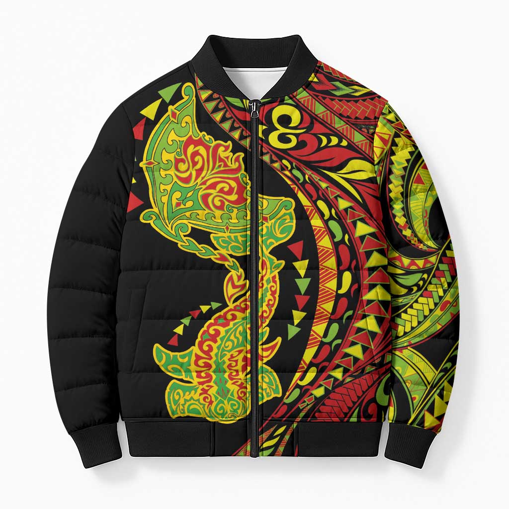 Hawaiian Manta Ray and Hammerhead Shark Tribal Tattoo Bomber Puffer Jacket with Polynesian Tribal Pattern Kanaka Maoli Flag Color