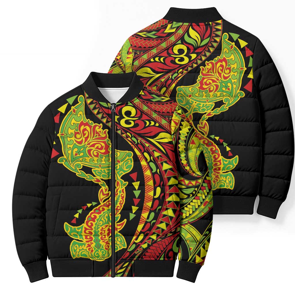 Hawaiian Manta Ray and Hammerhead Shark Tribal Tattoo Bomber Puffer Jacket with Polynesian Tribal Pattern Kanaka Maoli Flag Color LT03 - Polynesian Pride