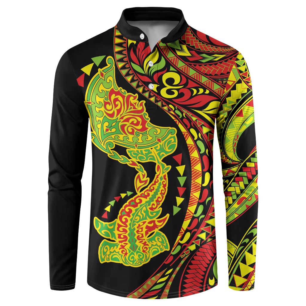 Hawaiian Manta Ray and Hammerhead Shark Tribal Tattoo Button Sweatshirt with Polynesian Tribal Pattern Kanaka Maoli Flag Color LT03 Multicolor - Polynesian Pride
