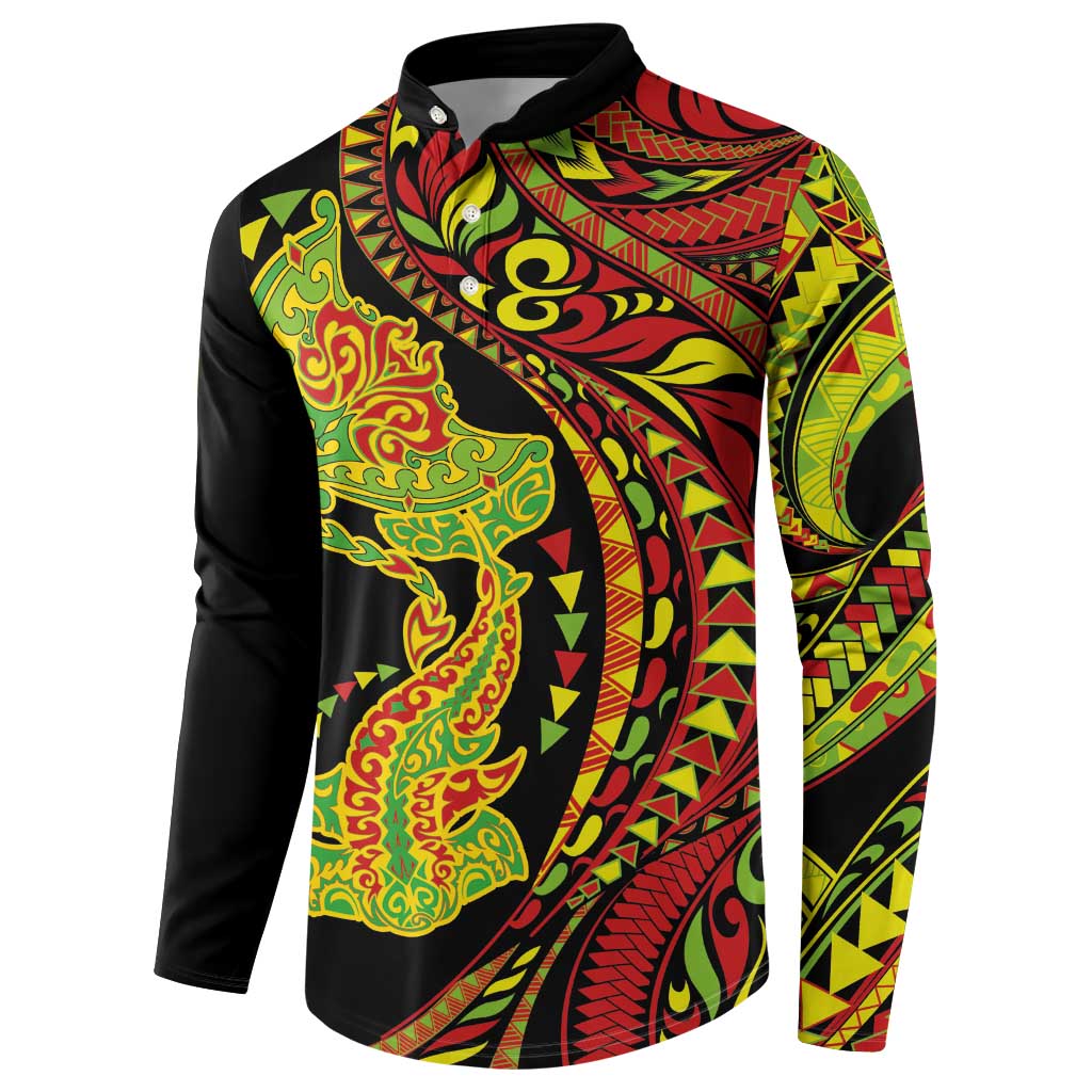 Hawaiian Manta Ray and Hammerhead Shark Tribal Tattoo Button Sweatshirt with Polynesian Tribal Pattern Kanaka Maoli Flag Color LT03 - Polynesian Pride