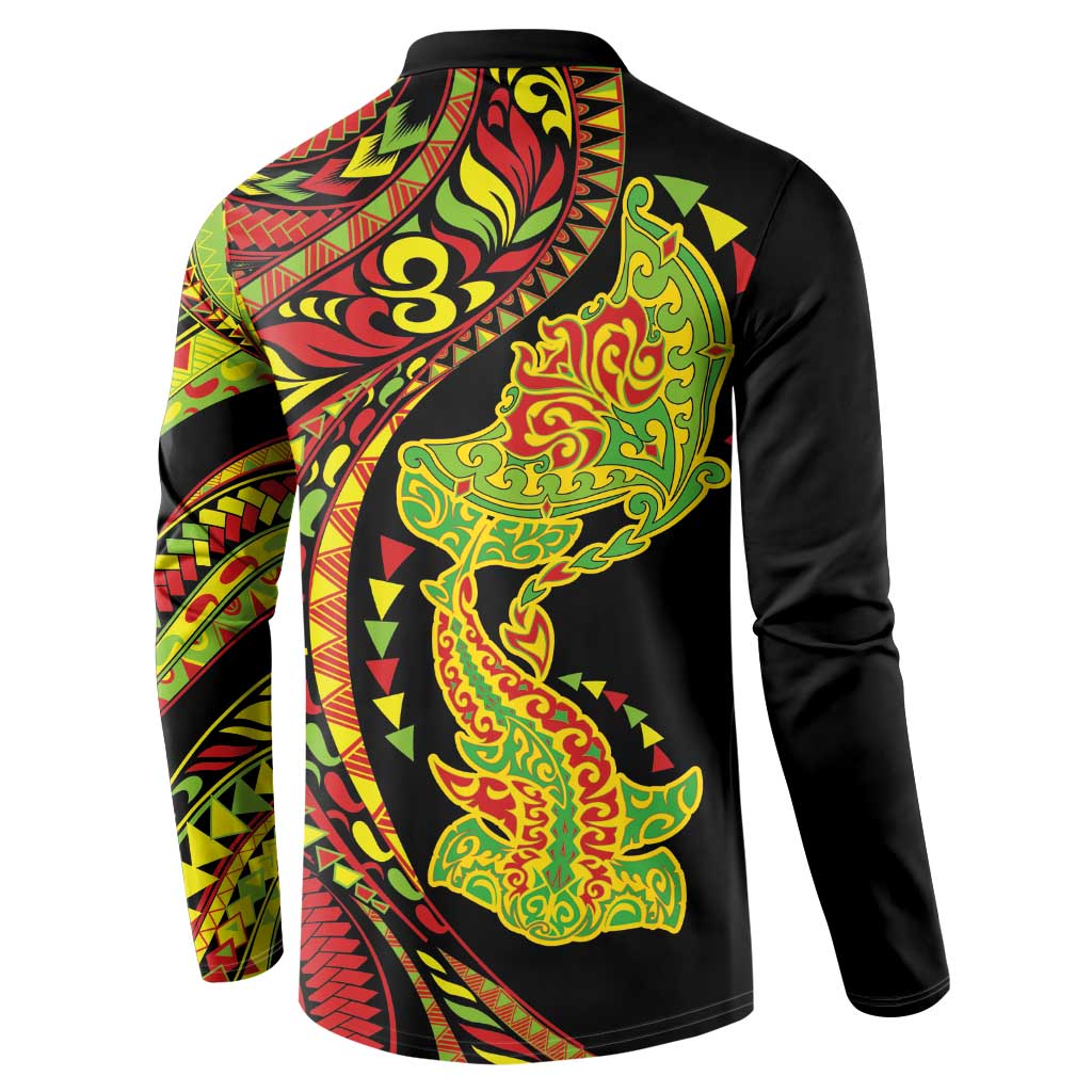 Hawaiian Manta Ray and Hammerhead Shark Tribal Tattoo Button Sweatshirt with Polynesian Tribal Pattern Kanaka Maoli Flag Color LT03 - Polynesian Pride