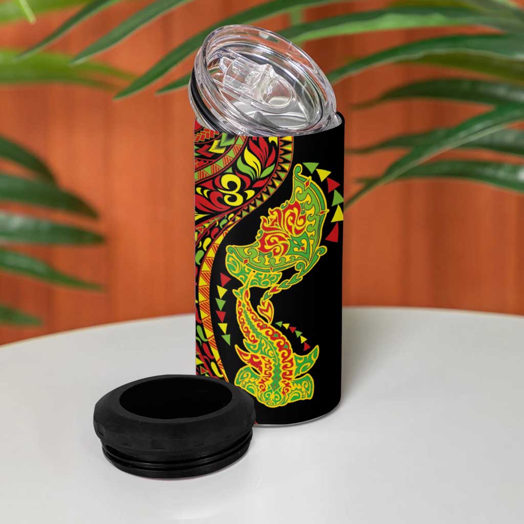 Hawaiian Manta Ray and Hammerhead Shark Tribal Tattoo 4 in 1 Can Cooler Tumbler with Polynesian Tribal Pattern Kanaka Maoli Flag Color LT03 - Polynesian Pride