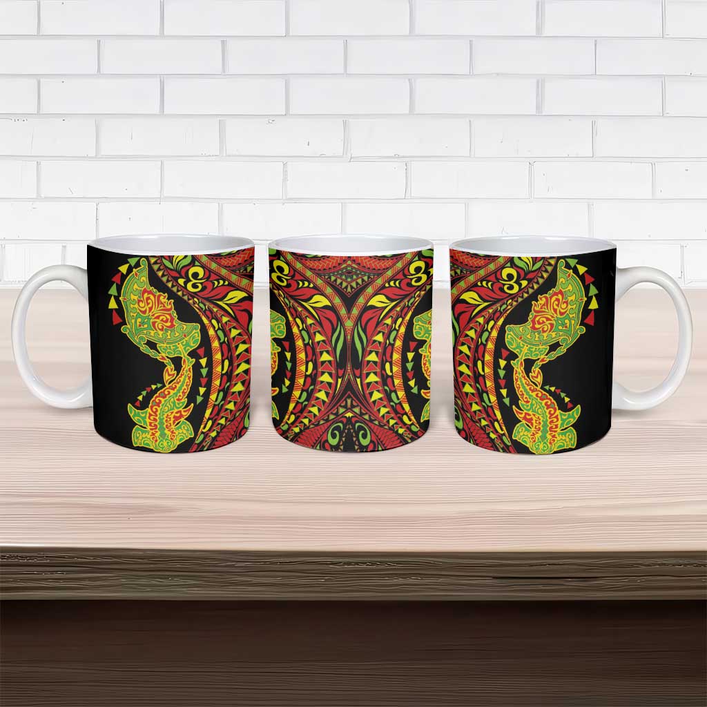 Hawaiian Manta Ray and Hammerhead Shark Tribal Tattoo Ceramic Mug with Polynesian Tribal Pattern Kanaka Maoli Flag Color LT03 - Polynesian Pride