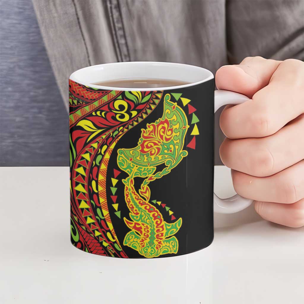 Hawaiian Manta Ray and Hammerhead Shark Tribal Tattoo Ceramic Mug with Polynesian Tribal Pattern Kanaka Maoli Flag Color LT03 - Polynesian Pride