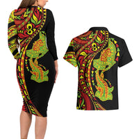 Hawaiian Manta Ray and Hammerhead Shark Tribal Tattoo Couples Matching Long Sleeve Bodycon Dress and Hawaiian Shirt with Polynesian Tribal Pattern Kanaka Maoli Flag Color LT03 - Polynesian Pride