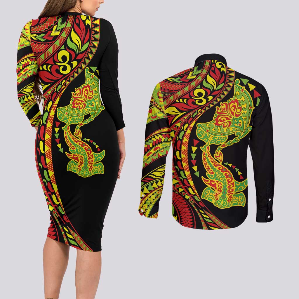 Hawaiian Manta Ray and Hammerhead Shark Tribal Tattoo Couples Matching Long Sleeve Bodycon Dress and Long Sleeve Button Shirt with Polynesian Tribal Pattern Kanaka Maoli Flag Color LT03 - Polynesian Pride