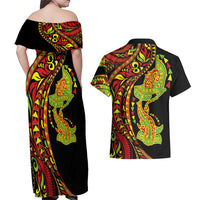 Hawaiian Manta Ray and Hammerhead Shark Tribal Tattoo Couples Matching Off Shoulder Maxi Dress and Hawaiian Shirt with Polynesian Tribal Pattern Kanaka Maoli Flag Color LT03 - Polynesian Pride
