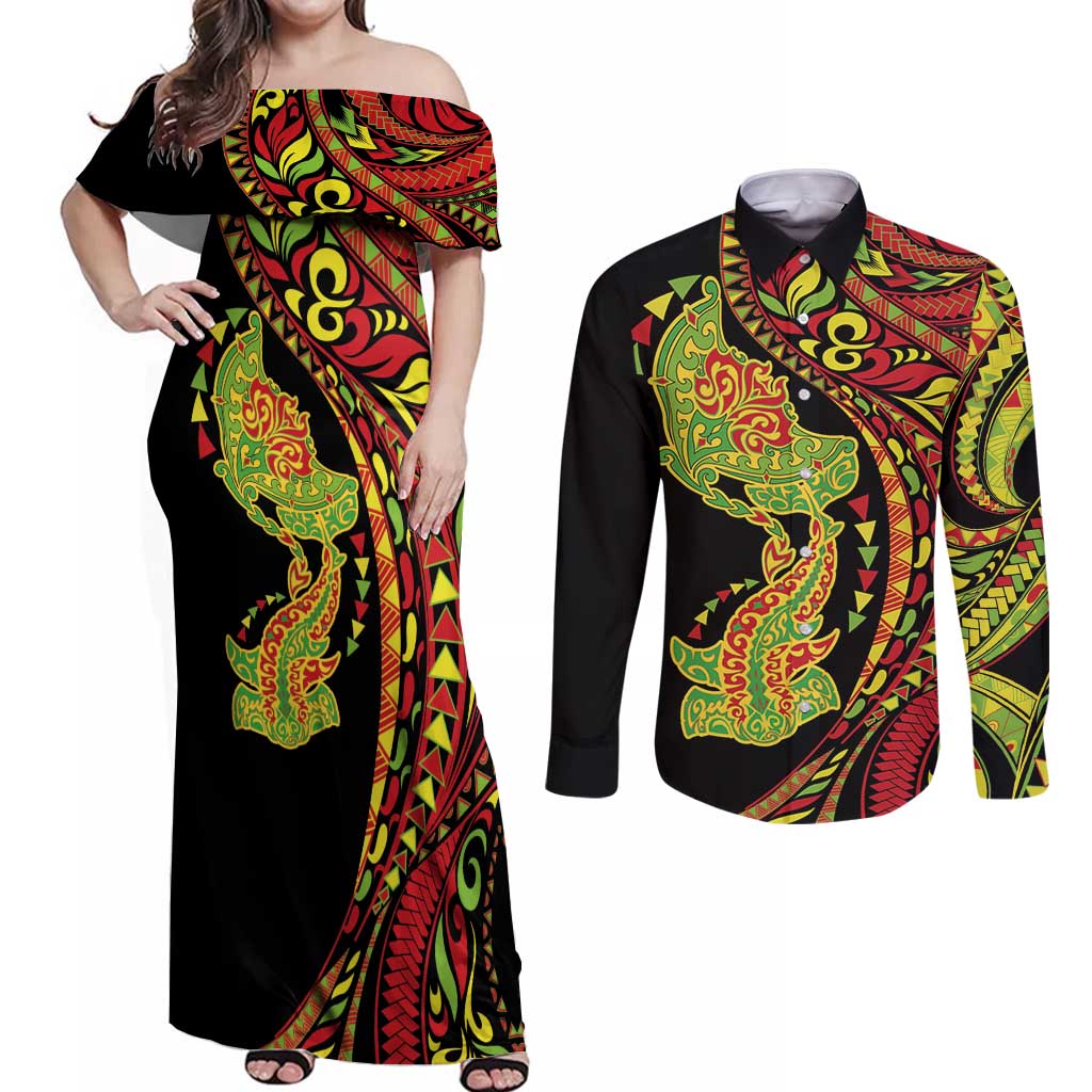 Hawaiian Manta Ray and Hammerhead Shark Tribal Tattoo Couples Matching Off Shoulder Maxi Dress and Long Sleeve Button Shirt with Polynesian Tribal Pattern Kanaka Maoli Flag Color LT03 Multicolor - Polynesian Pride