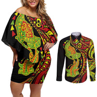 Hawaiian Manta Ray and Hammerhead Shark Tribal Tattoo Couples Matching Off Shoulder Short Dress and Long Sleeve Button Shirt with Polynesian Tribal Pattern Kanaka Maoli Flag Color LT03 Multicolor - Polynesian Pride