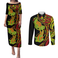 Hawaiian Manta Ray and Hammerhead Shark Tribal Tattoo Couples Matching Puletasi and Long Sleeve Button Shirt with Polynesian Tribal Pattern Kanaka Maoli Flag Color LT03 Multicolor - Polynesian Pride
