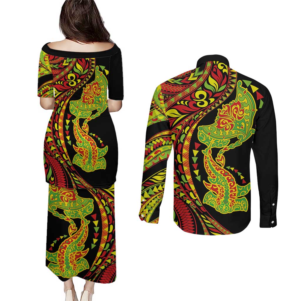 Hawaiian Manta Ray and Hammerhead Shark Tribal Tattoo Couples Matching Puletasi and Long Sleeve Button Shirt with Polynesian Tribal Pattern Kanaka Maoli Flag Color LT03 - Polynesian Pride