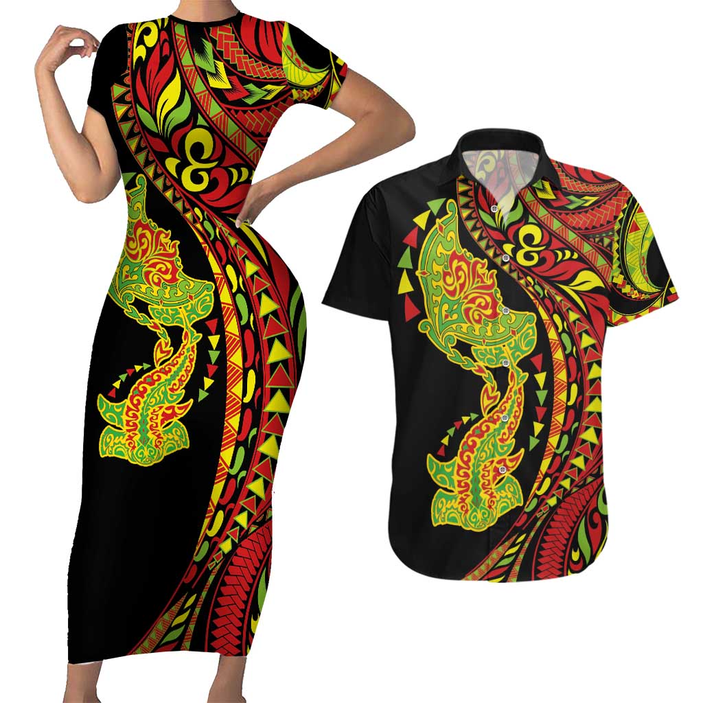 Hawaiian Manta Ray and Hammerhead Shark Tribal Tattoo Couples Matching Short Sleeve Bodycon Dress and Hawaiian Shirt with Polynesian Tribal Pattern Kanaka Maoli Flag Color LT03 Multicolor - Polynesian Pride