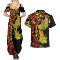 Hawaiian Manta Ray and Hammerhead Shark Tribal Tattoo Couples Matching Summer Maxi Dress and Hawaiian Shirt with Polynesian Tribal Pattern Kanaka Maoli Flag Color LT03 - Polynesian Pride